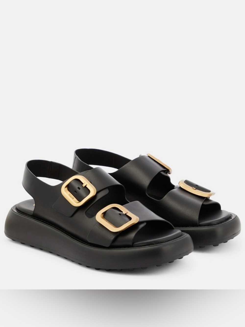 Tod's Black Leather Platform Sandals with Gold Buckles